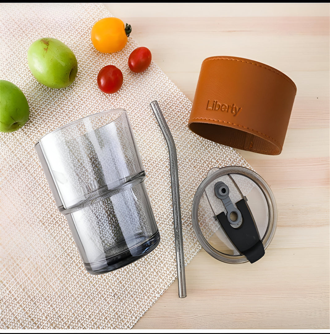 Premium Coffee Tumbler with Leather Grip & Reusable Straw