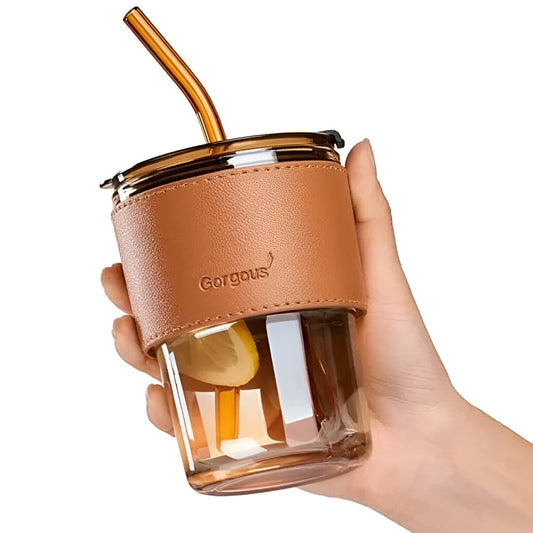 Premium Coffee Tumbler with Leather Grip & Reusable Straw