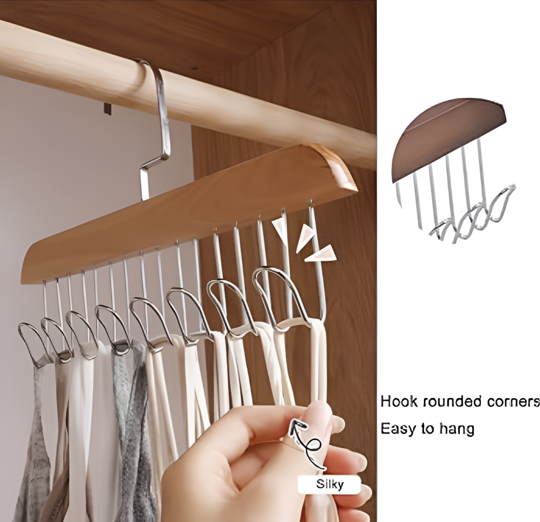 Space-Saving Wooden Tie & Scarf Organizer Hanger with 12 Chrome Hooks
