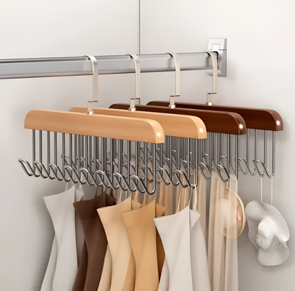 Space-Saving Wooden Tie & Scarf Organizer Hanger with 12 Chrome Hooks