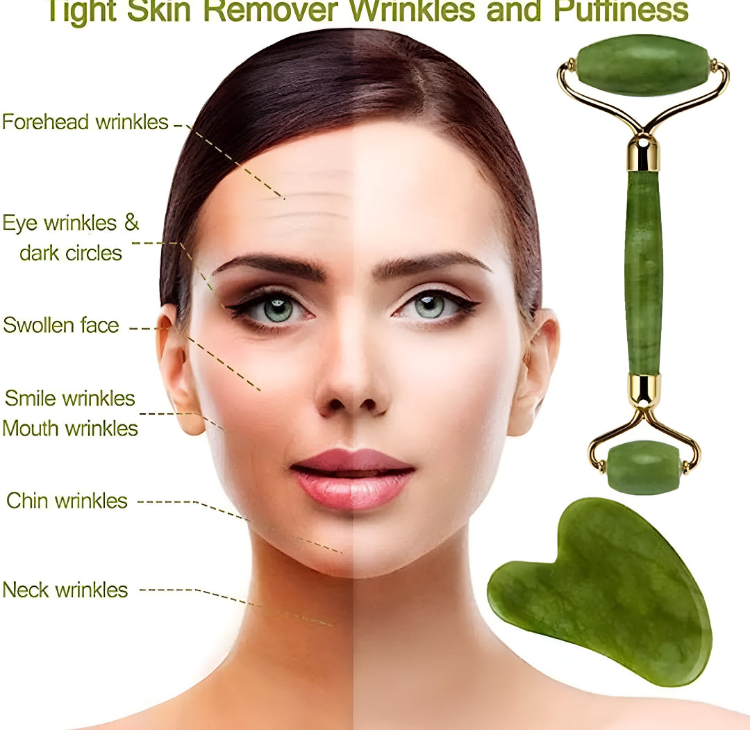 Natural Jade 2-in-1 Facial Roller & Gua Sha Massage Tool Set