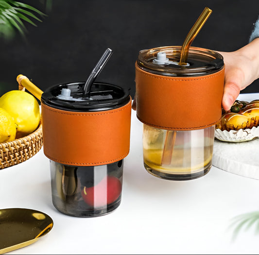 Premium Coffee Tumbler with Leather Grip & Reusable Straw